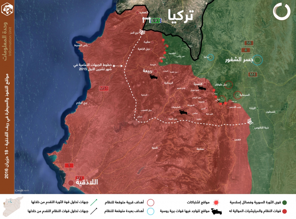 مواقع النفوذ والسيطرة في ريف اللاذقية - 18 حزيران 2016