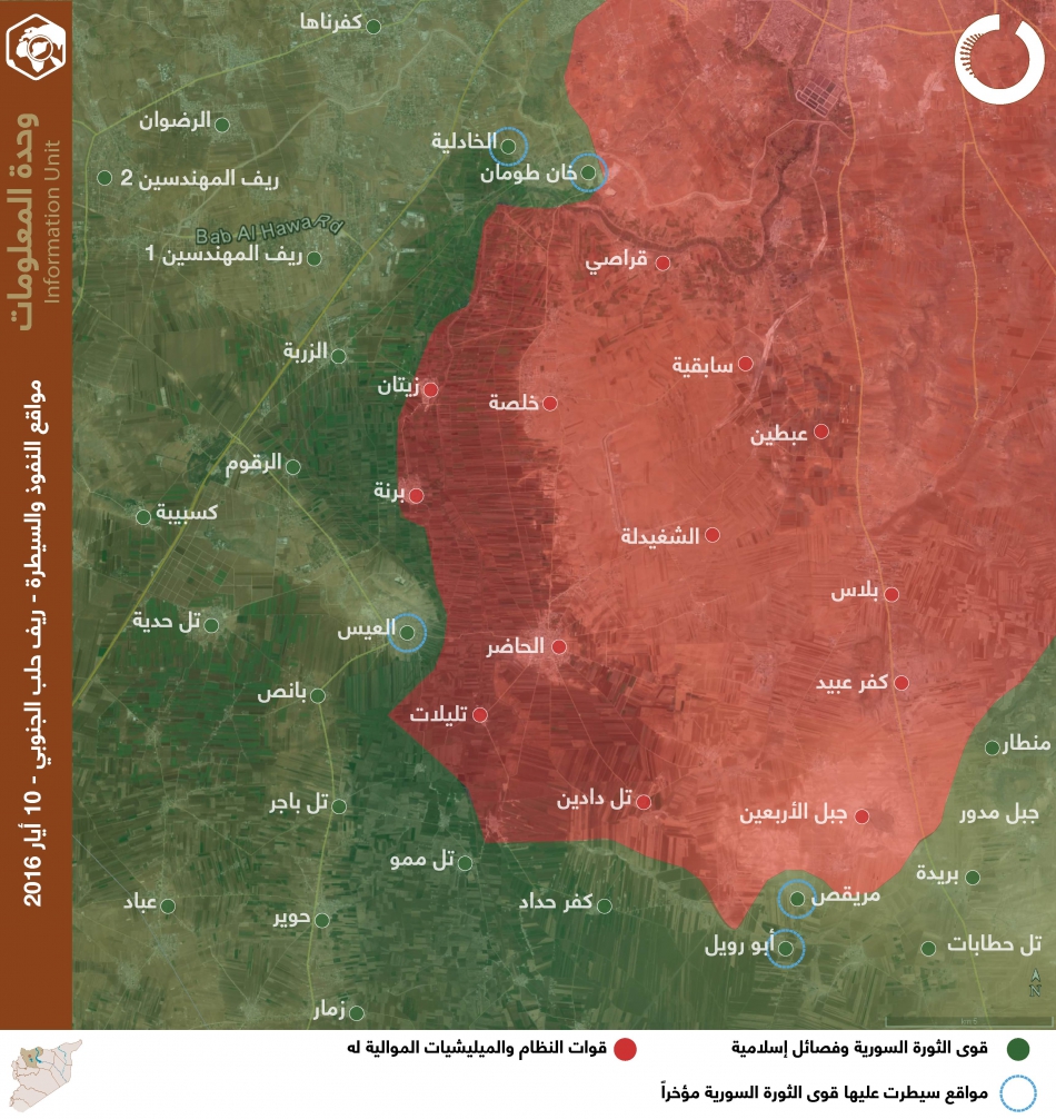 مواقع النفوذ والسيطرة في ريف حلب الجنوبي - 10 أيار 2016
