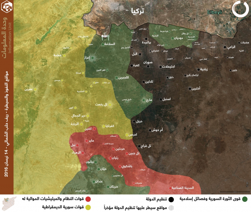 مواقع النفوذ والسيطرة - ريف حلب الشمالي - 14 نيسان 2016